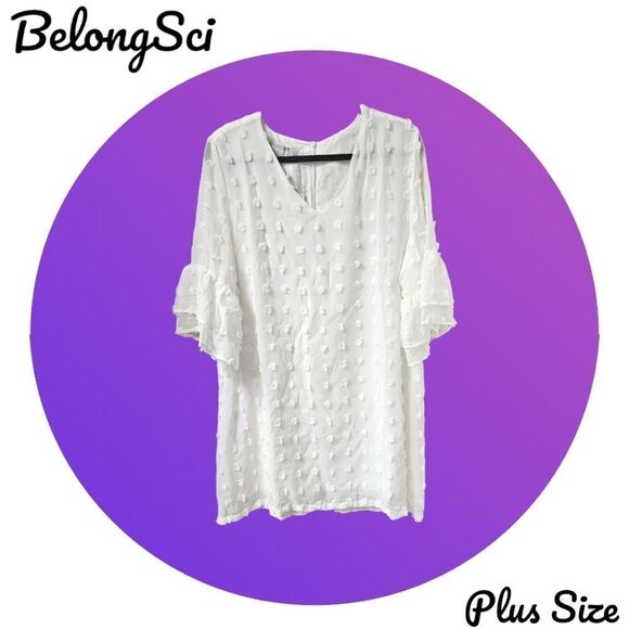 BELONGSCI Women's ultra white Plus size sheer clip dot Bell sleeve midi dress - Picture 3 of 10